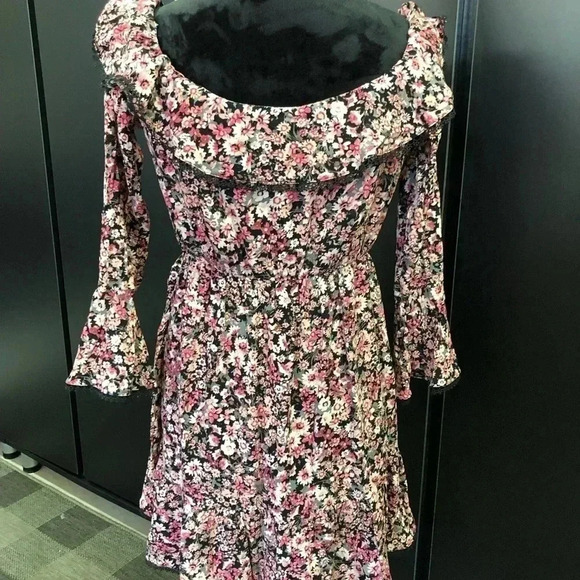 Altar'd State Mini dress,on/off shoulder,elastic waist,v-neck,bell sleeve,Floral - Picture 3 of 13